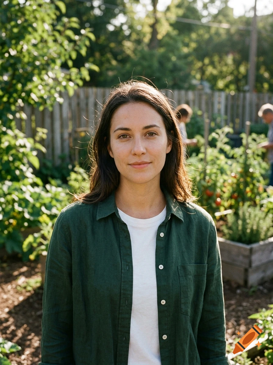 Photorealistic portrait of a young woman with dark hair in a green button-down shirt standing in a community garden.