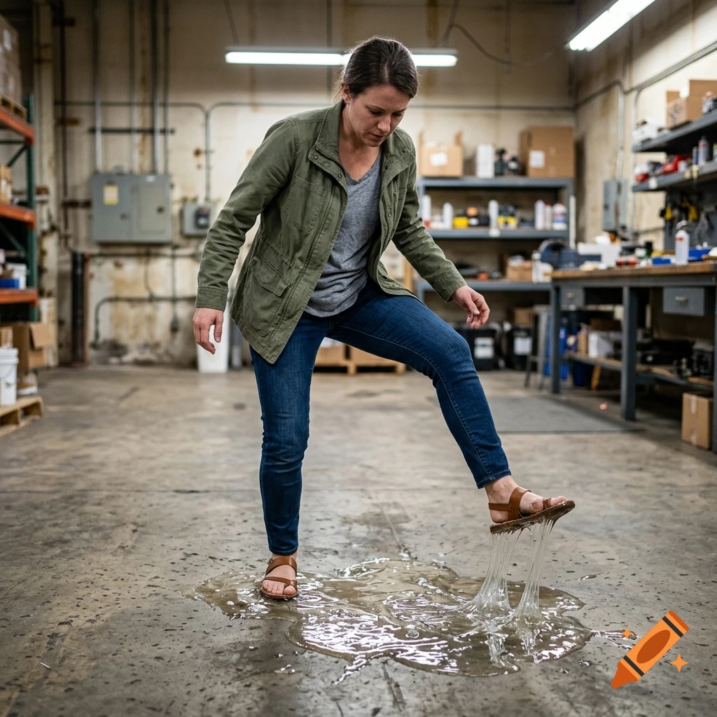 Photorealistic image of a woman in a warehouse lifting her foot from a puddle of thick glue, pulling strings of adhesive.