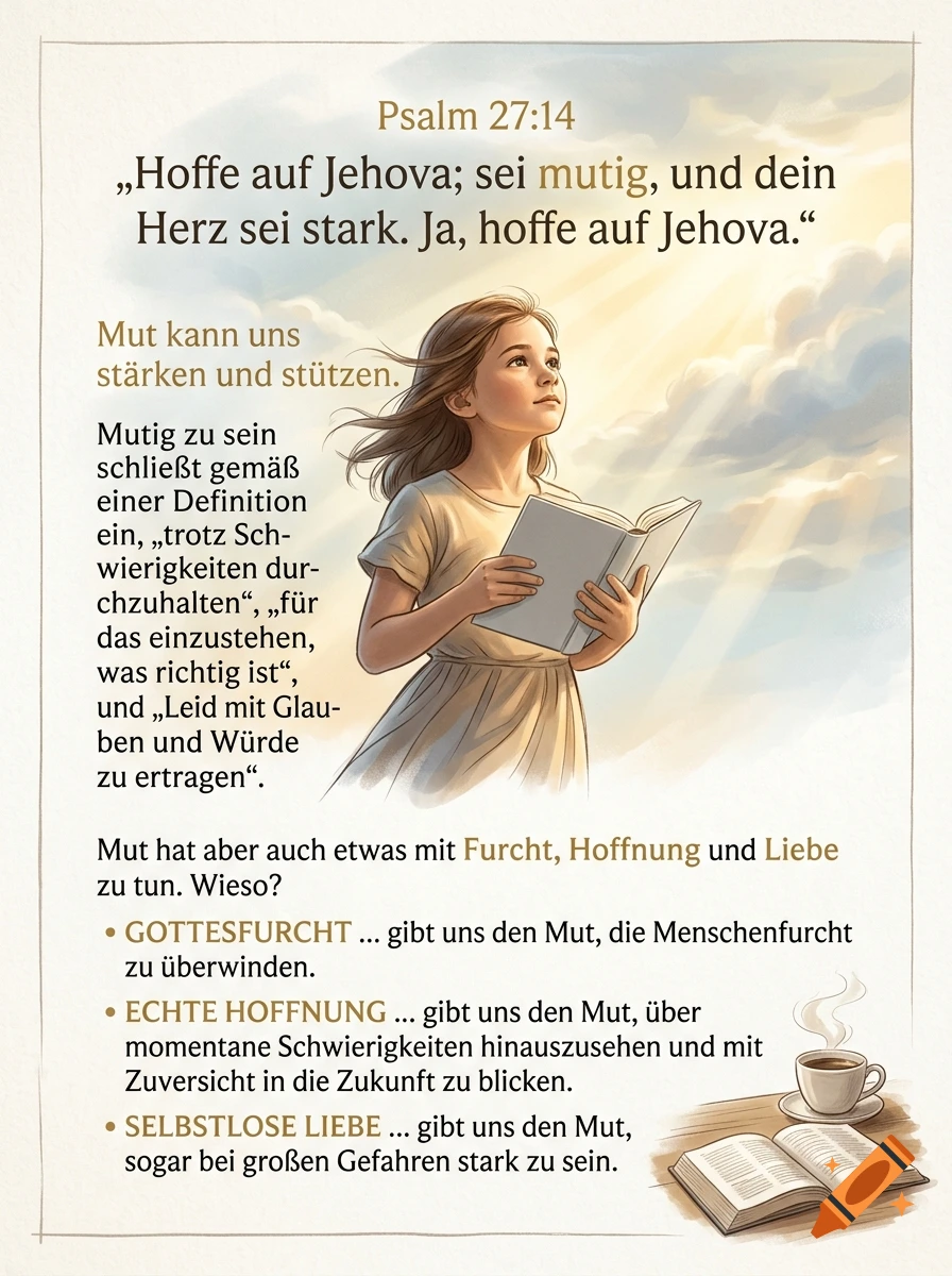 An illustration of a young girl holding an open book and looking upward with hopeful expression, accompanied by German text about courage and scripture verse Psalm 27:14.