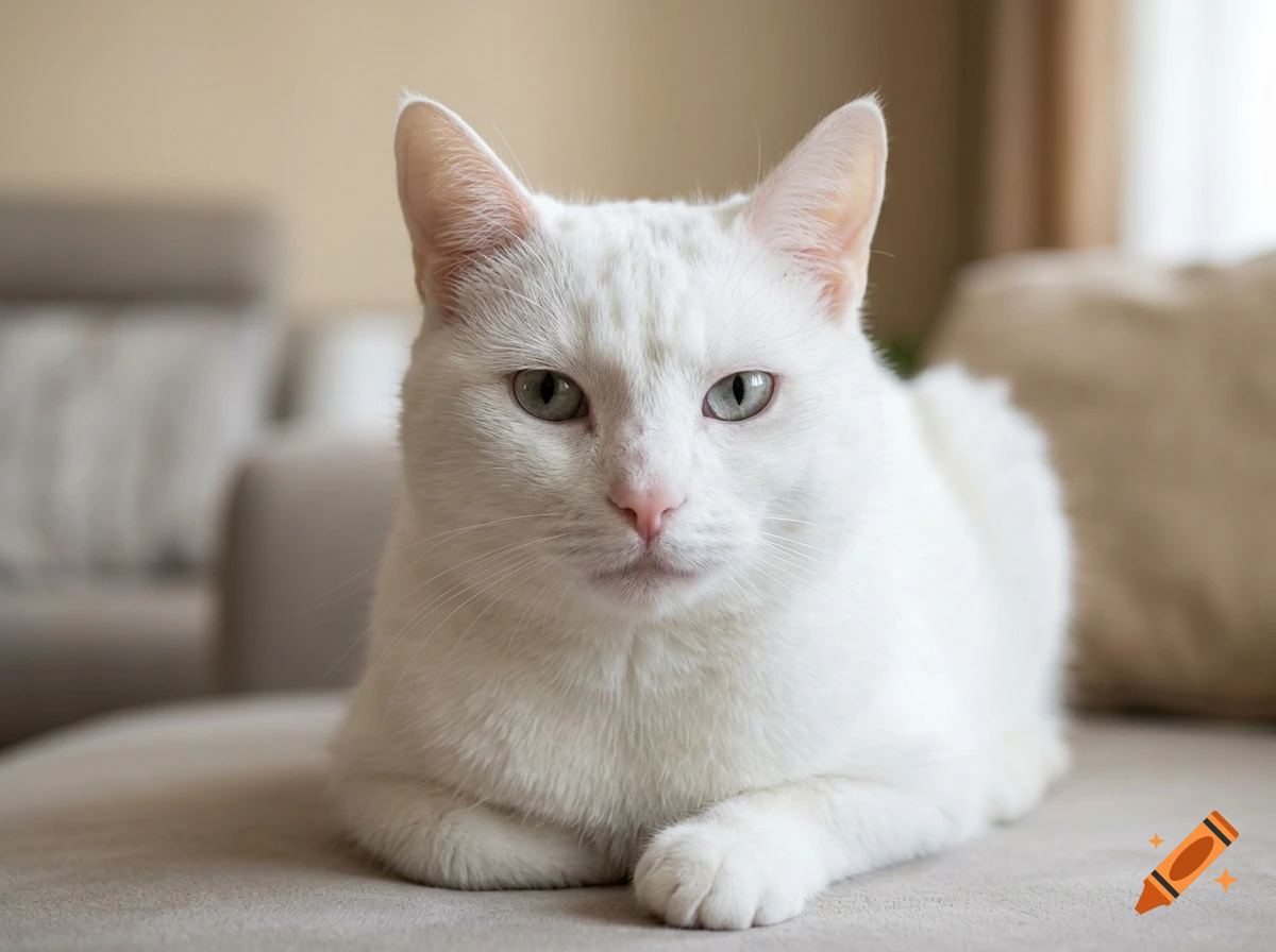 Photorealistic image of a super white cat lying down on a couch indoors.
