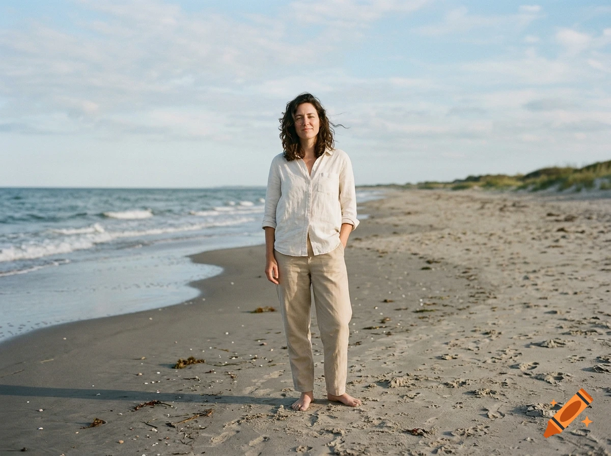 Photorealistic image of a woman standing on a sandy beach by the ocean under a cloudy sky.