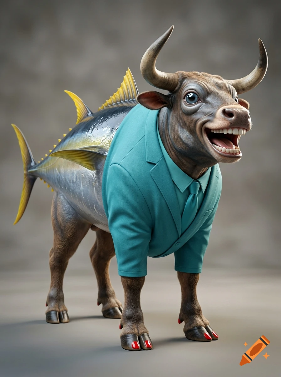 Photorealistic surreal creature with a bull's head, human teeth, a turquoise business suit, and a yellowfin tuna body.
