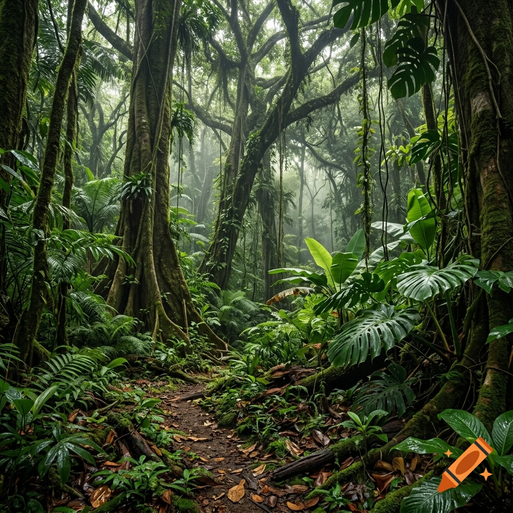 Photorealistic dense jungle with a narrow dirt path winding through large mossy trees and lush green foliage.