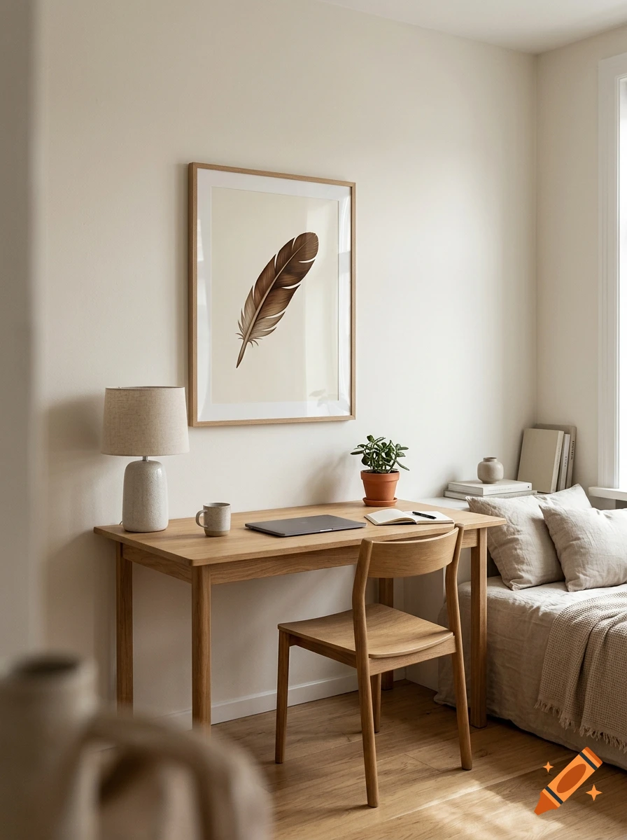 Minimalist home office with wooden desk, chair, lamp, and a framed feather art print on a beige wall.