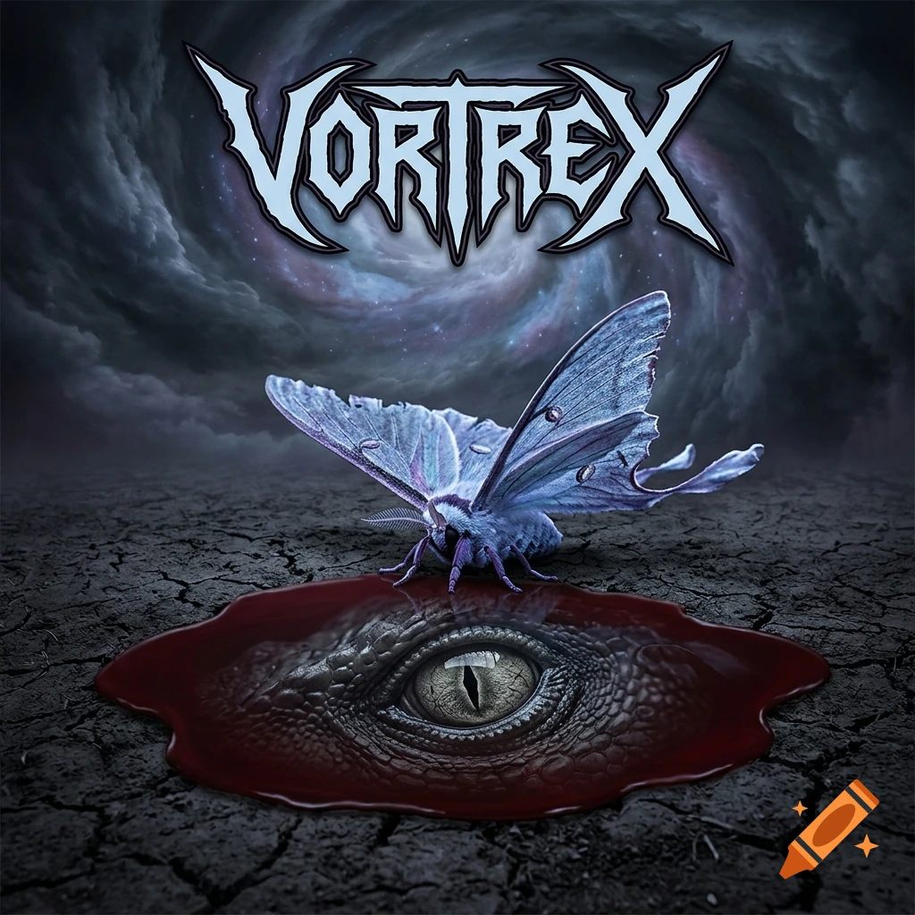 Heavy metal album art featuring a blue luna moth standing over a puddle reflecting a dinosaur eye, under a stormy vortex sky.