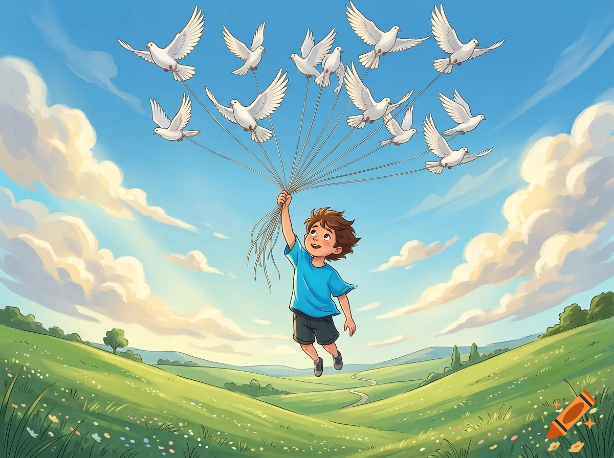 A young boy in a blue shirt floats above a green hill, held aloft by strings attached to a flock of white doves flying in a blue sky.