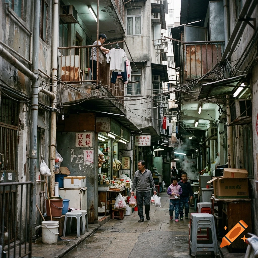 Photorealistic view of a dense, narrow alleyway in Kowloon Walled City with people walking.