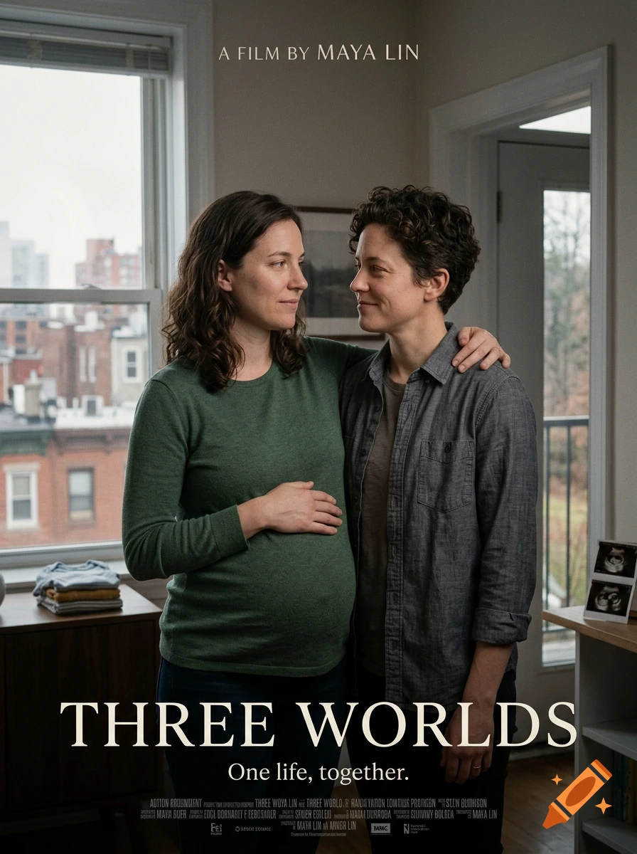 Movie poster for Three Worlds, featuring a pregnant woman and her partner standing by a window, looking at each other.