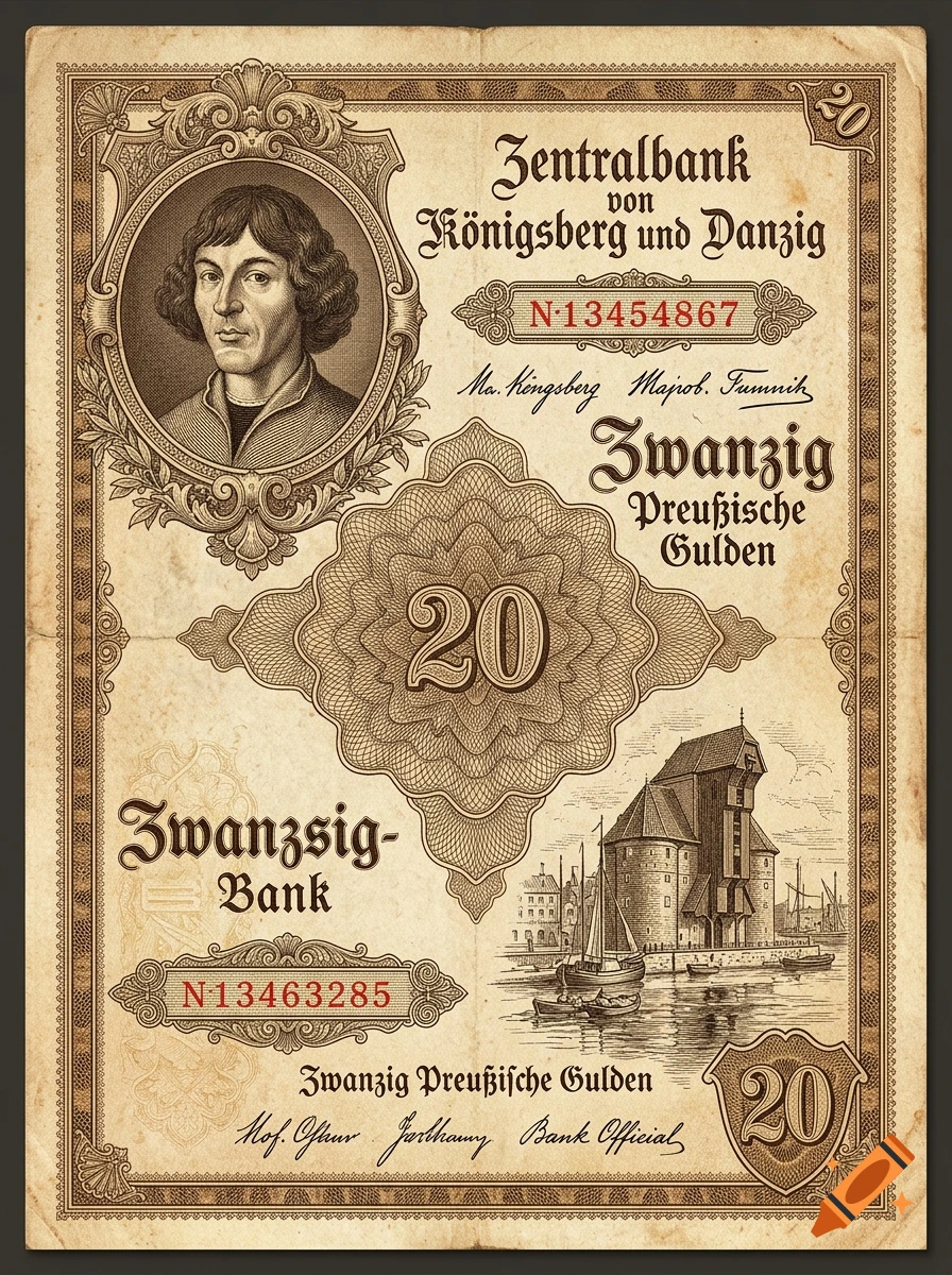 Vintage Weimar-era banknote with a portrait of Nicolaus Copernicus and the Danzig Krantor.