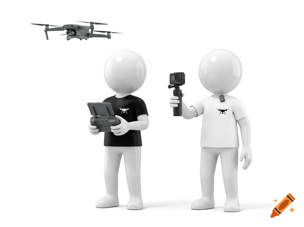 A 3D minimalist illustration of two blank white glossy stickmen interacting with a drone, a remote controller, and a camera on a white background.