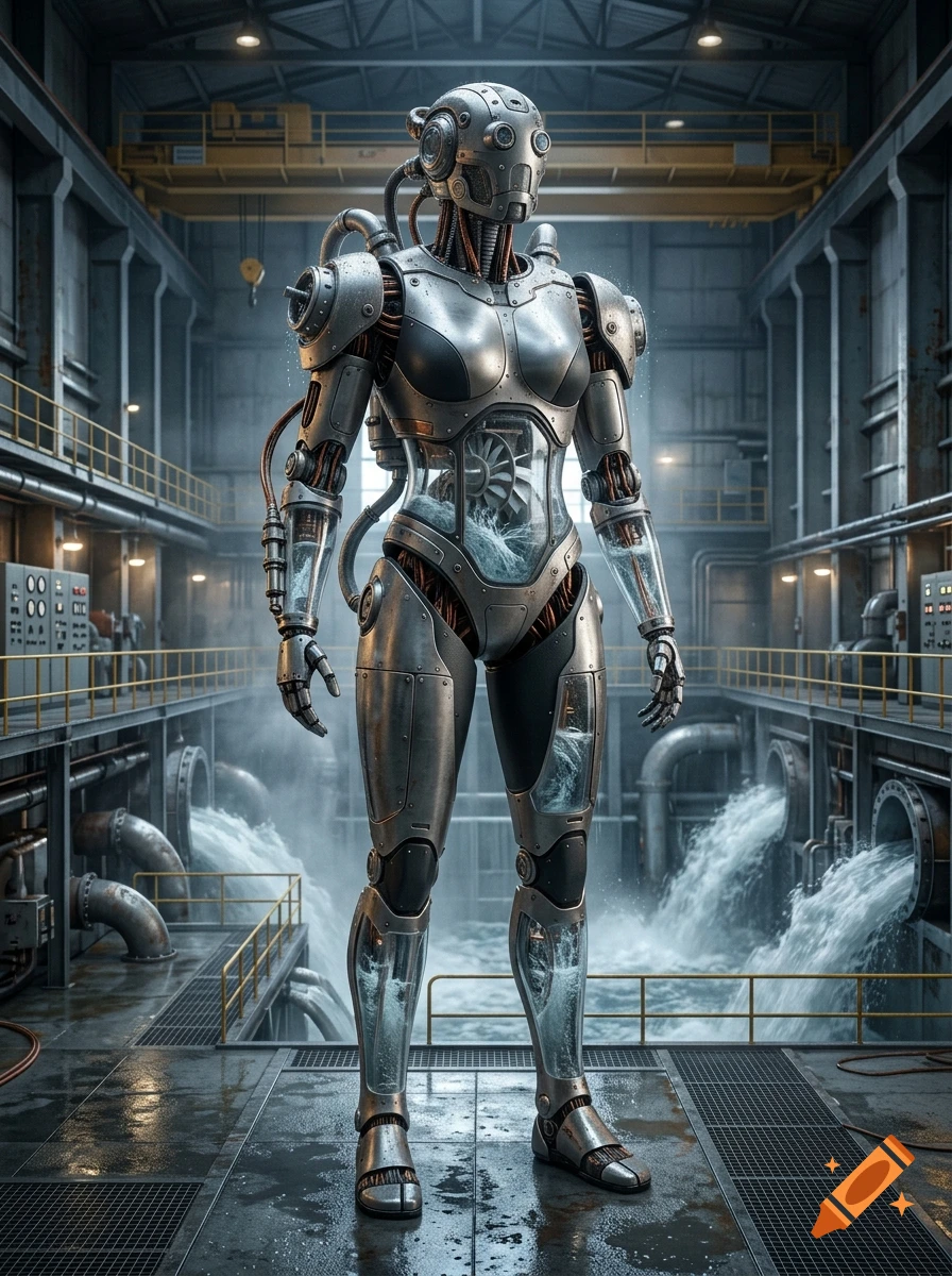 Photorealistic full-body shot of an android with transparent limbs filled with flowing water, standing in a large industrial factory with catwalks and pipes.