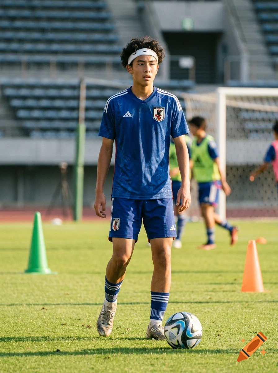 Photorealistic image of a young male soccer player with curly hair and a white headband playing on a green field.