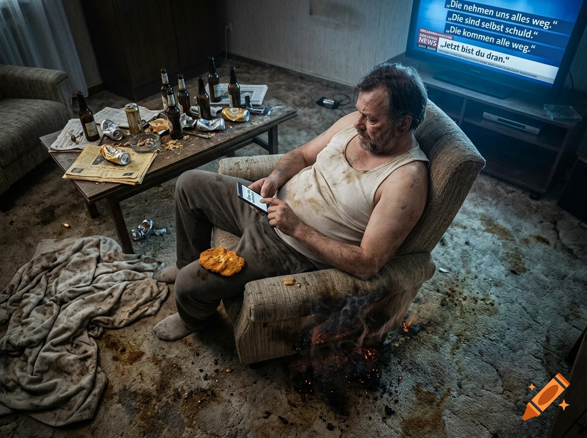 Photorealistic scene of an untidy living room with a man sitting in an armchair, looking at his smartphone while a television broadcasts news.
