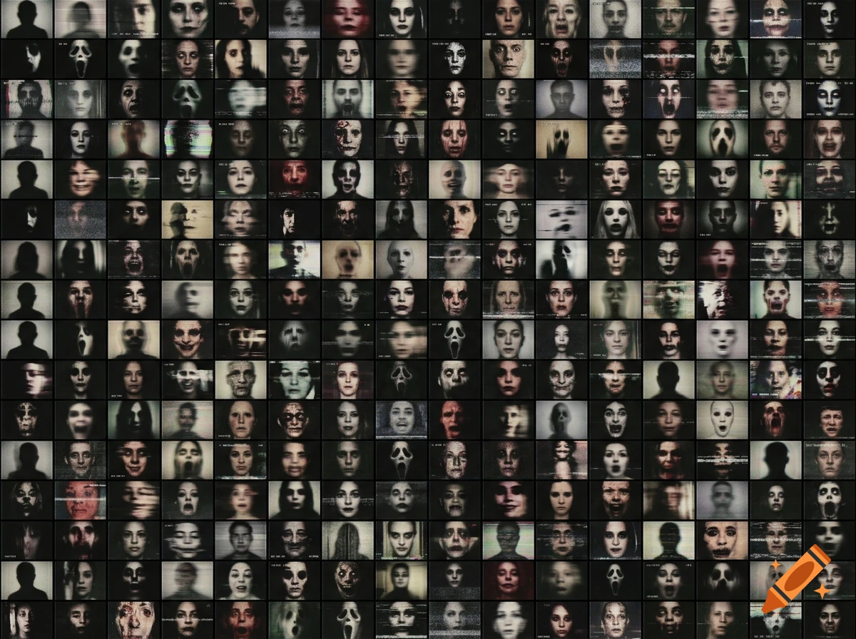 A grid collage of numerous small, damaged VHS screen panels displaying glitchy, scary, and distorted human faces.