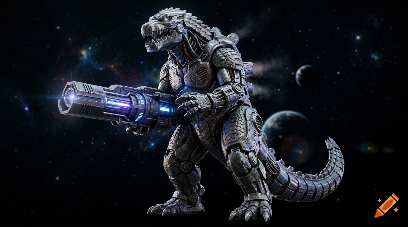 A cyborg reptilian mecha monster holding a massive beam cannon in its claws, set against a backdrop of space.