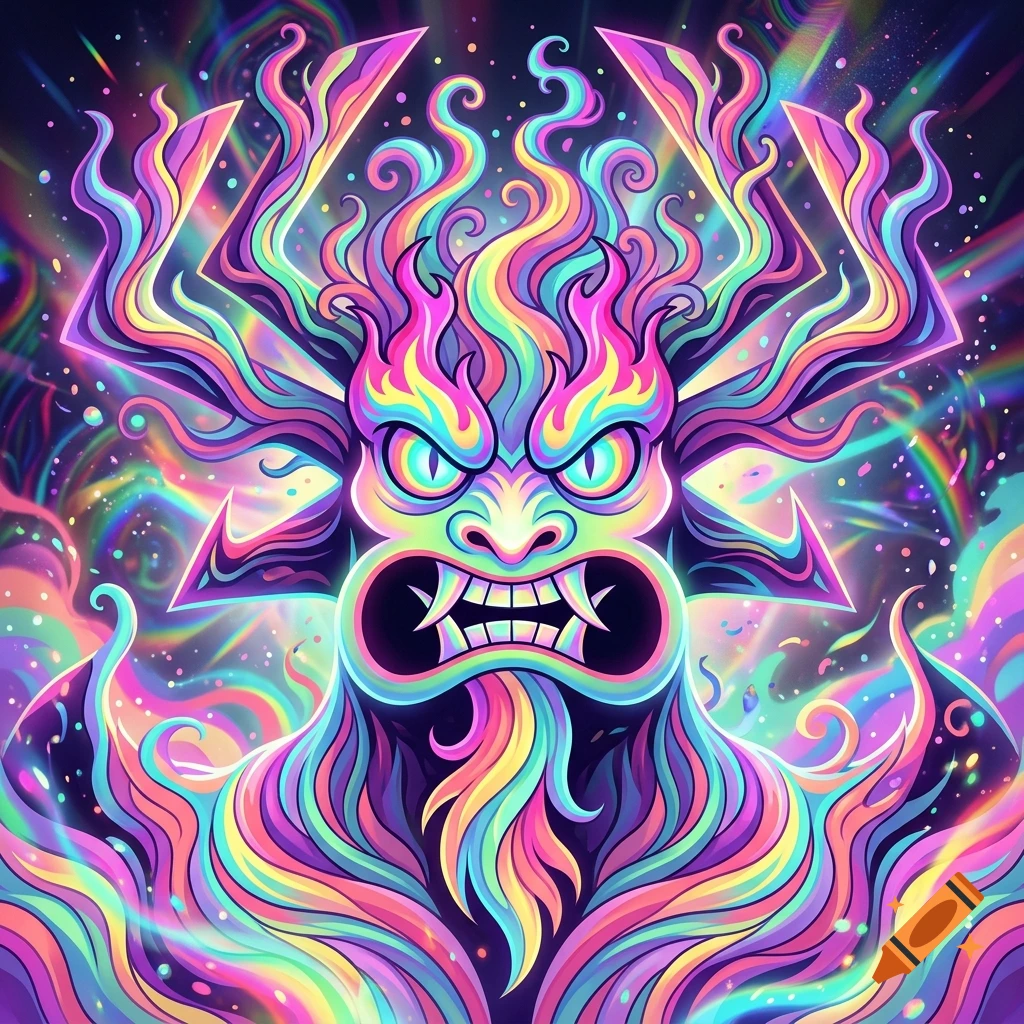 Vibrant and psychedelic digital illustration of Aku from Samurai Jack with a rainbow colored body, wavy tendrils, and fierce expression.