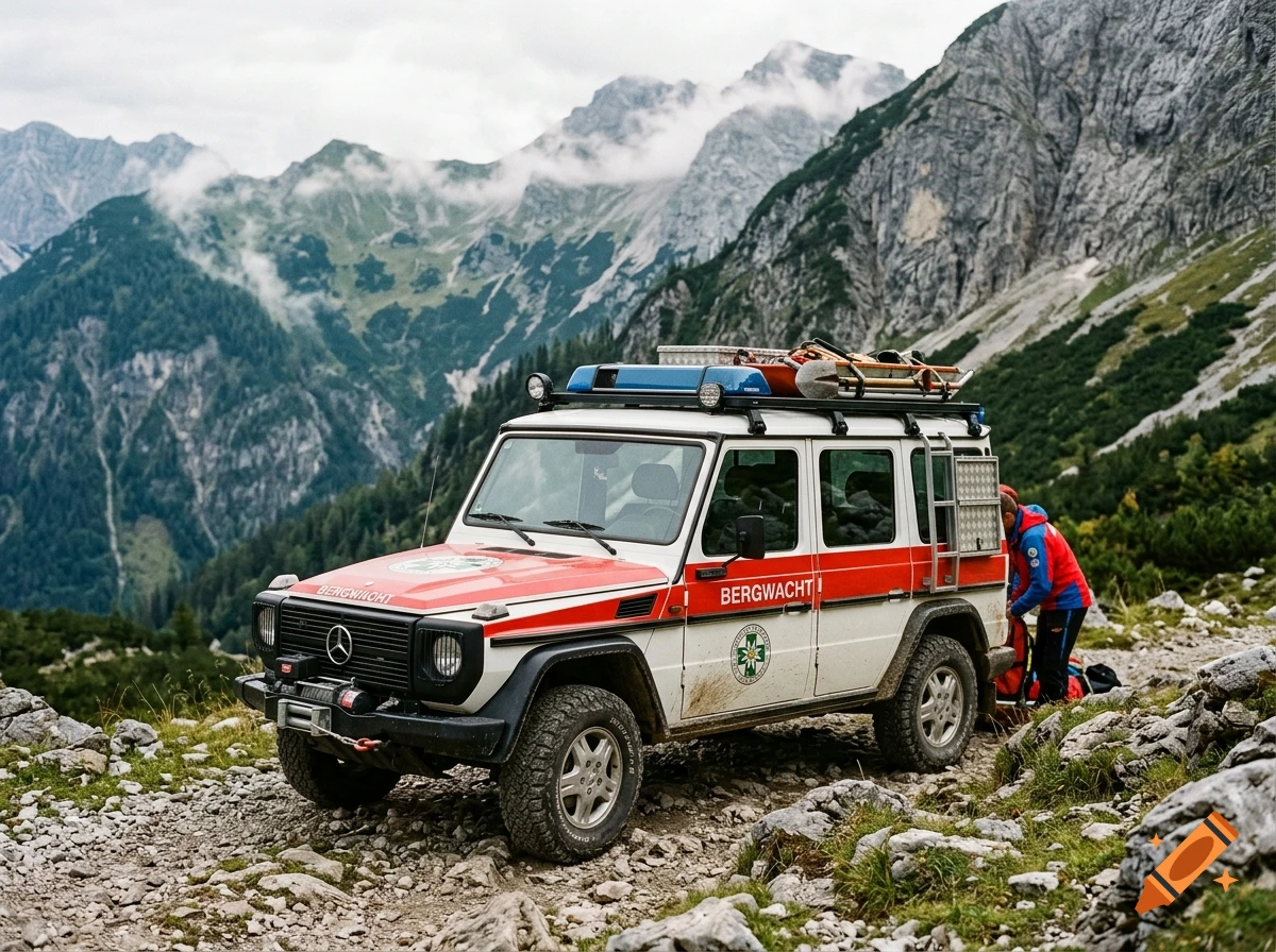 Photorealistic image of a red and white Bergwacht rescue off-road vehicle parked on a rocky mountain path.