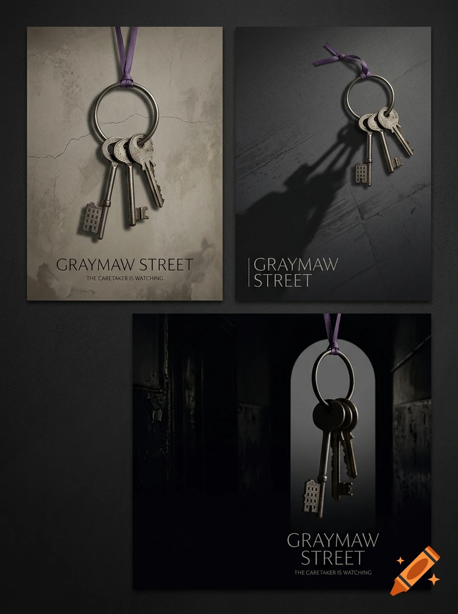 Three minimalist movie poster concepts featuring a metal keychain with an apartment-shaped key and a purple ribbon against dark textured backgrounds.