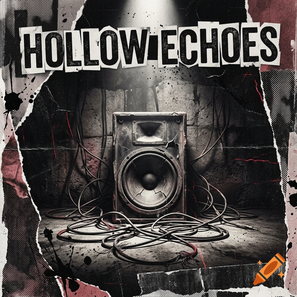 Punk band album cover with torn paper effects, displaying the text HOLLOW ECHOES above a gritty amplifier and tangled cables in a dark room.