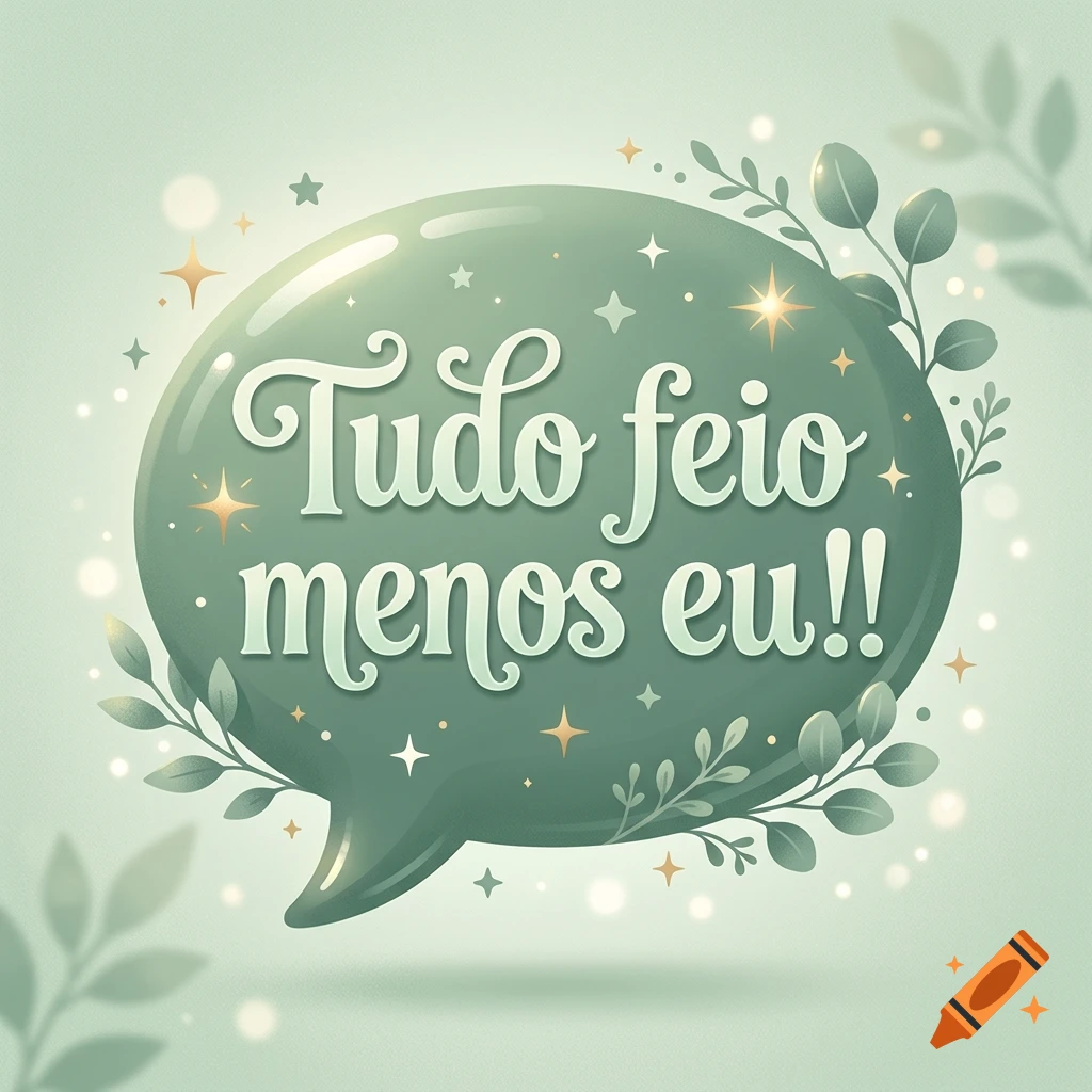 A eucalyptus green speech bubble with botanical accents and the text Tudo feio menos eu in Disney style typography.