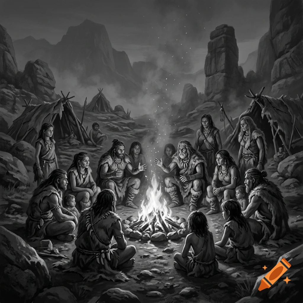 Black and white digital illustration of a prehistoric tribe gathered around a campfire in a rocky landscape.