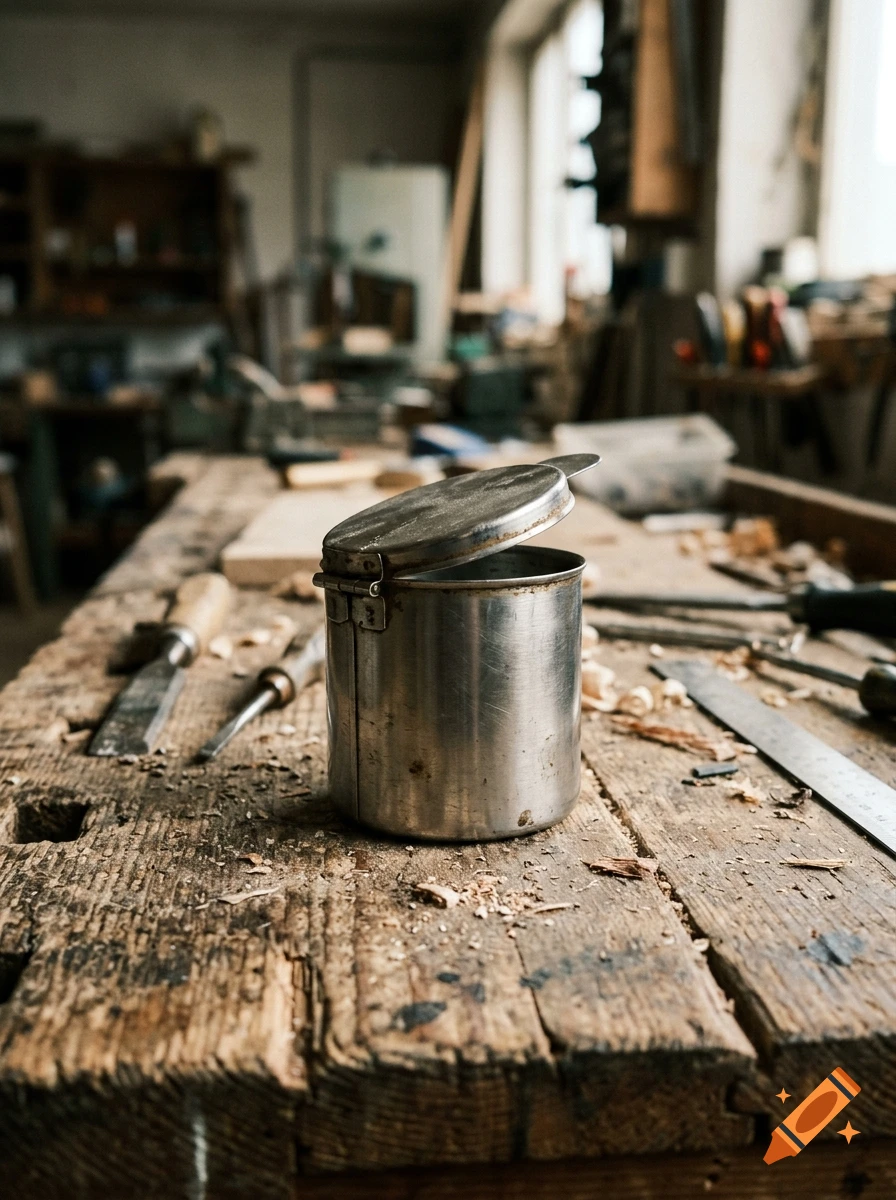 A metal flap pot sits on a rustic wooden workbench in a workshop, surrounded by woodworking tools in a photorealistic style.
