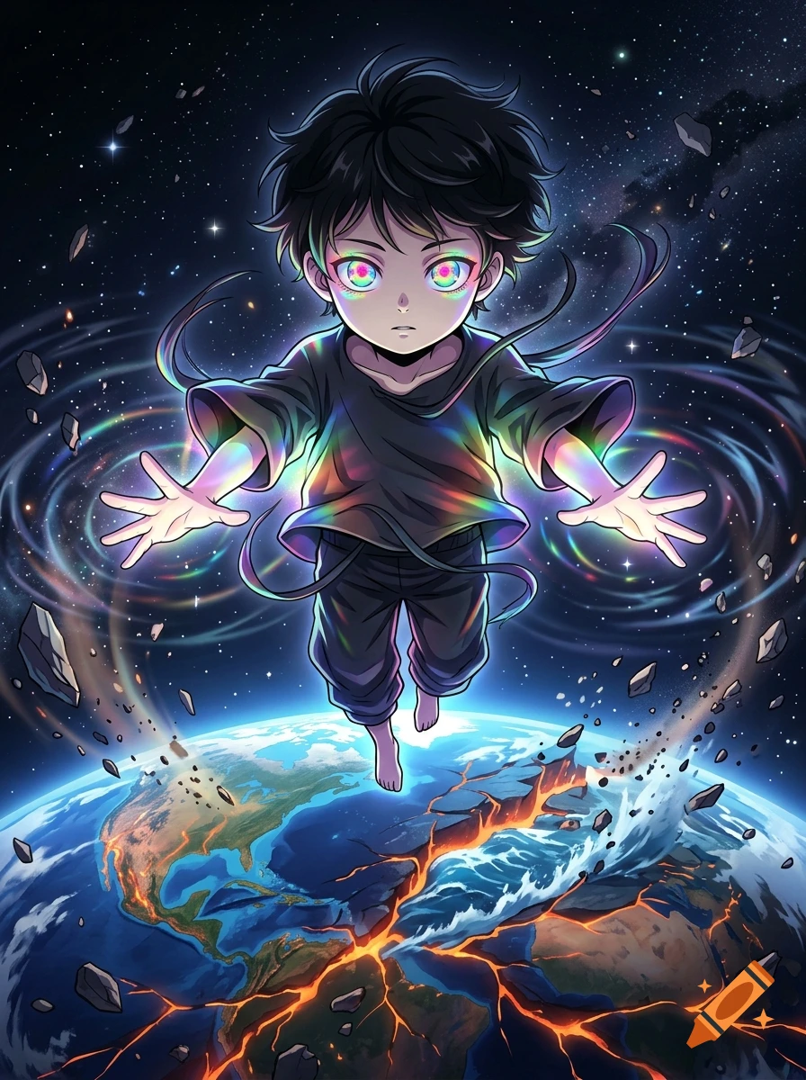 An anime-style illustration of a young person with dark hair and glowing multicolored eyes, floating in space above a breaking Earth with magma and rocks.