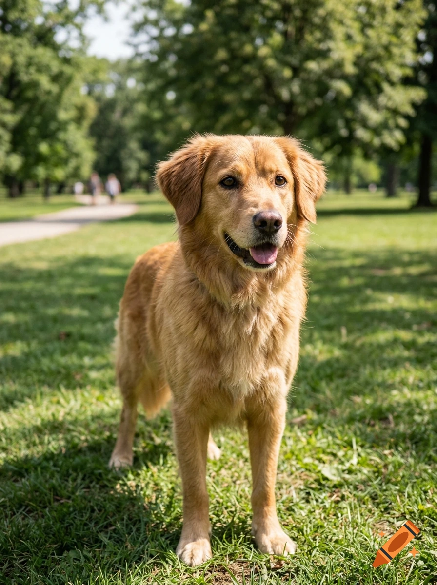 Photorealistic golden retriever standing on grass in a park on a sunny day.