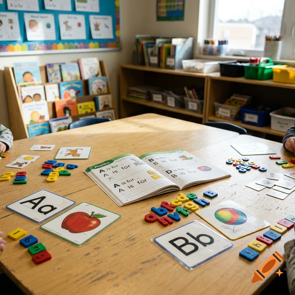 Children learning at a wooden table in a classroom with books, alphabet cards, and educational toys.