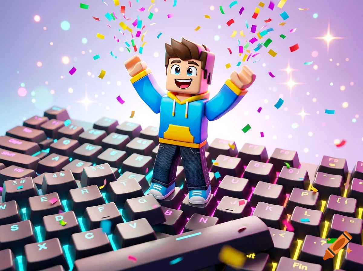 A 3D rendered Roblox character celebrating with confetti standing on top of a computer keyboard.