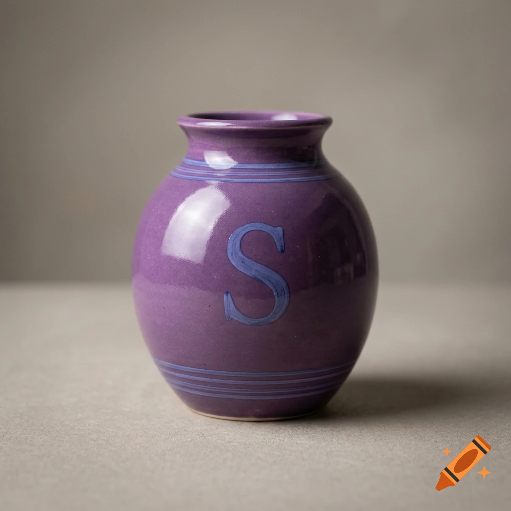 A purple ceramic vase with blue stripes and the letter S on the front, set on a neutral surface.
