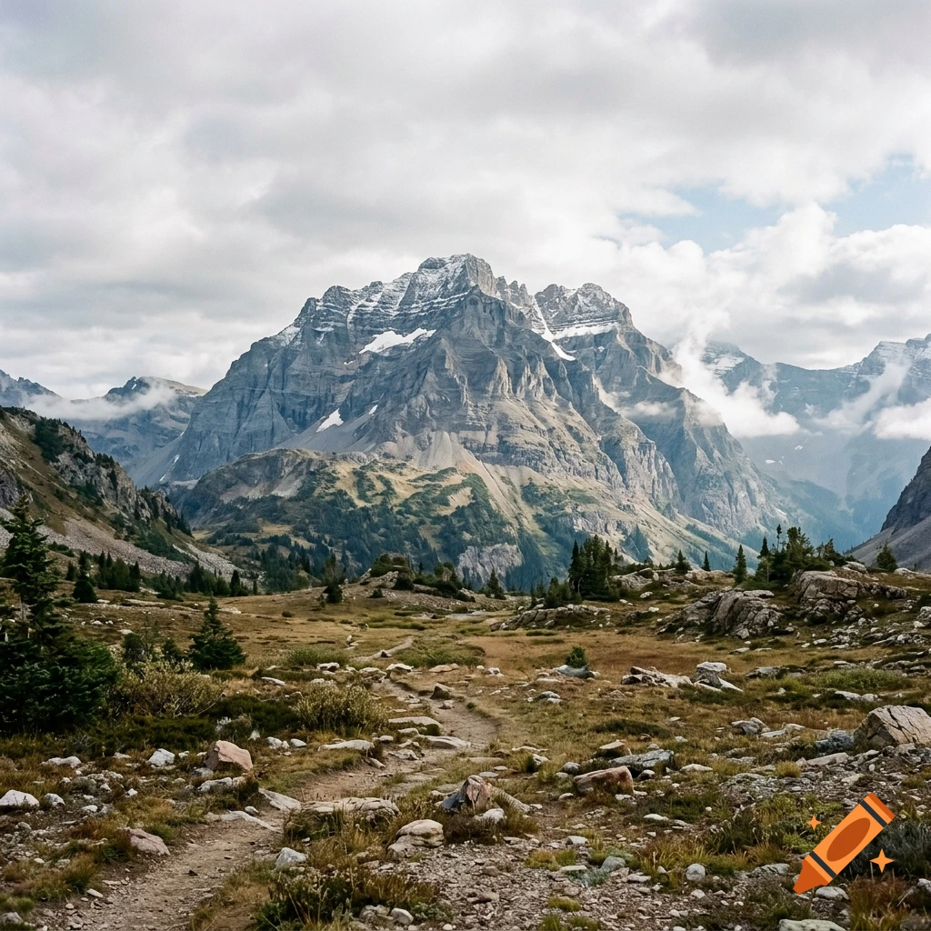 Photorealistic mountain landscape with a rugged rocky peak, patches of snow, cloudy sky, and a trail winding through a valley.