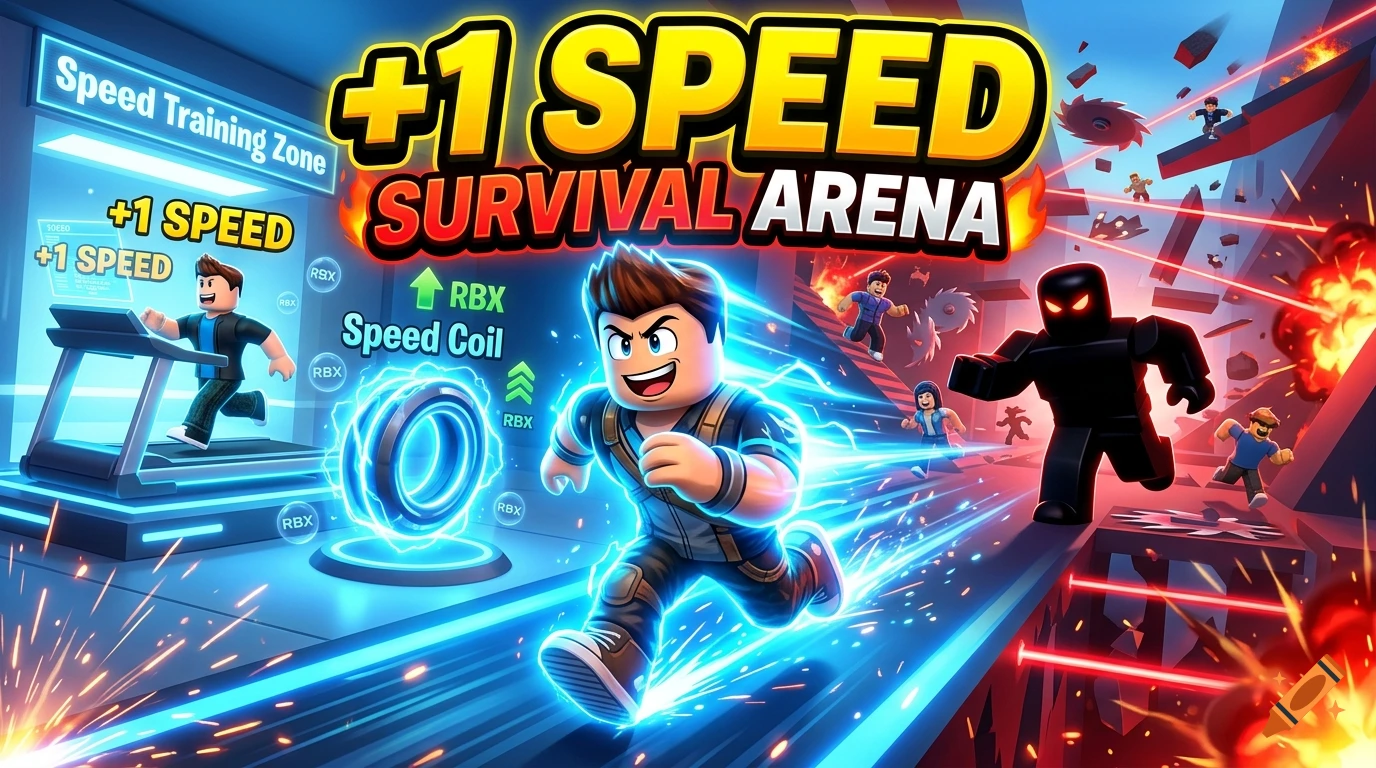 Roblox game thumbnail showing a character sprinting rapidly in a chaotic survival arena with the text +1 SPEED SURVIVAL ARENA.