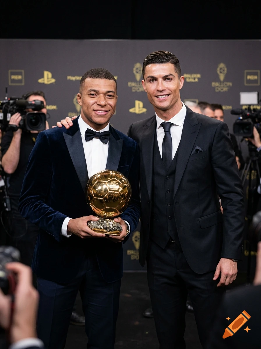 Photorealistic image of Kylian Mbappe holding a Ballon d'Or trophy next to Cristiano Ronaldo, both wearing black suits and bow ties.