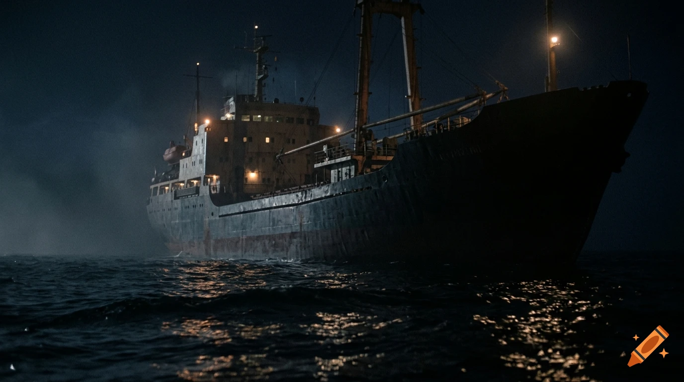 Cinematic low-light shot of a large cargo ship approaching on dark ocean waves at night.