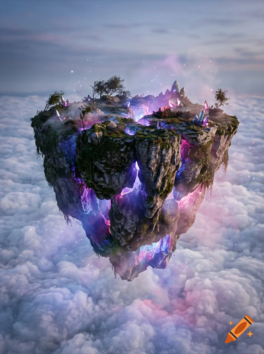 A floating fantasy island covered in moss, trees, and glowing purple crystals, suspended above a sea of clouds.