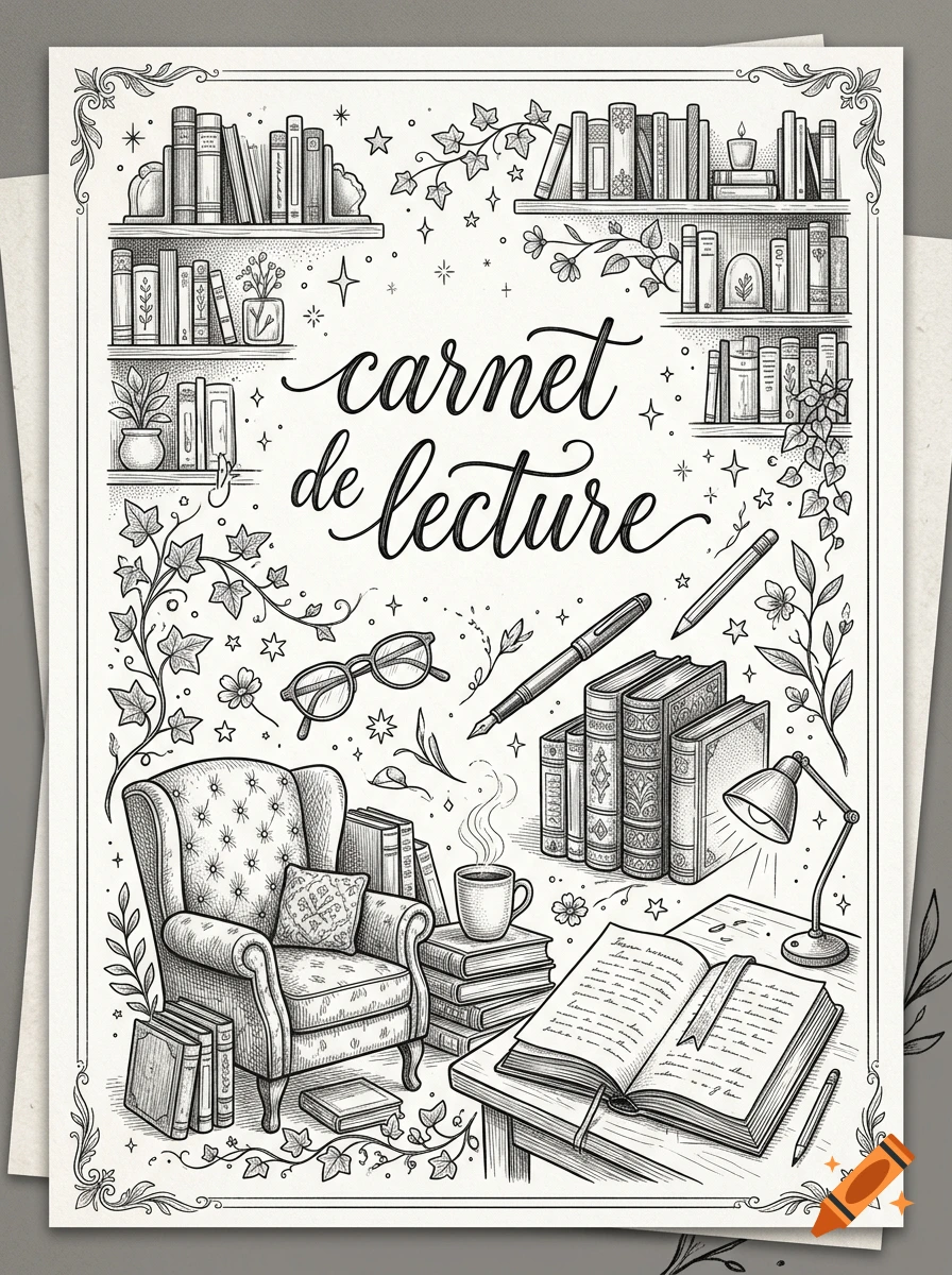 Black and white line art illustration for a reading journal cover with books, armchair, glasses, and plants.