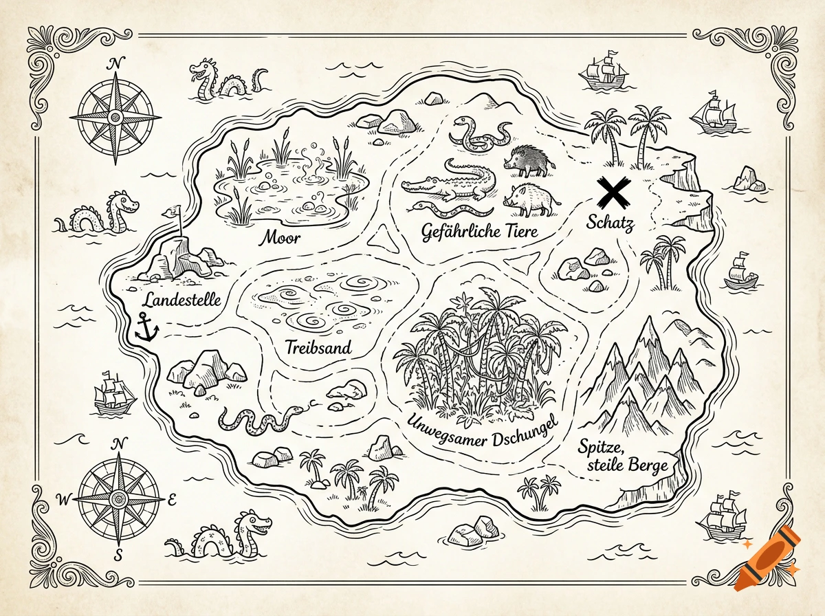 An illustrated antique treasure map featuring an island with terrain, animals, sea monsters, sailing ships, and German labels.