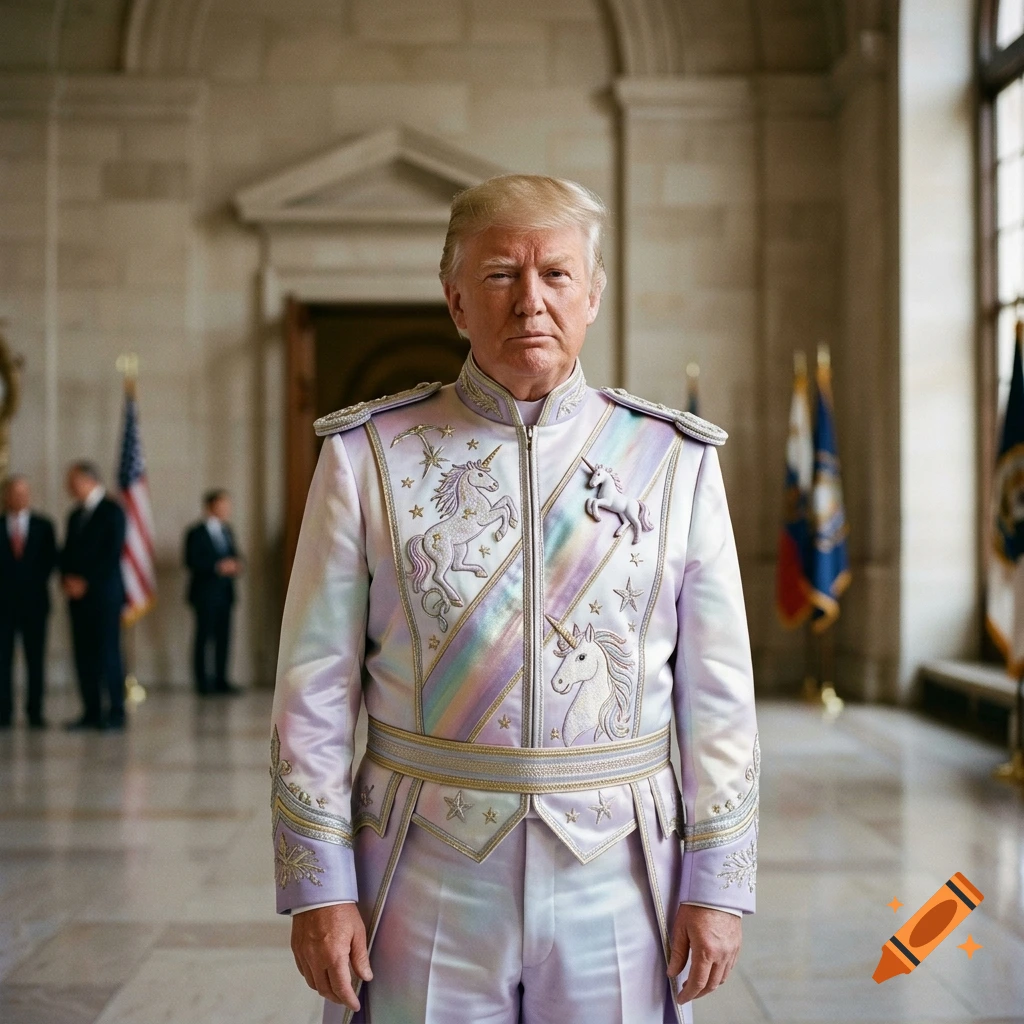 Photorealistic portrait of Donald Trump wearing an elaborate pastel rainbow and unicorn uniform inside a grand hall.