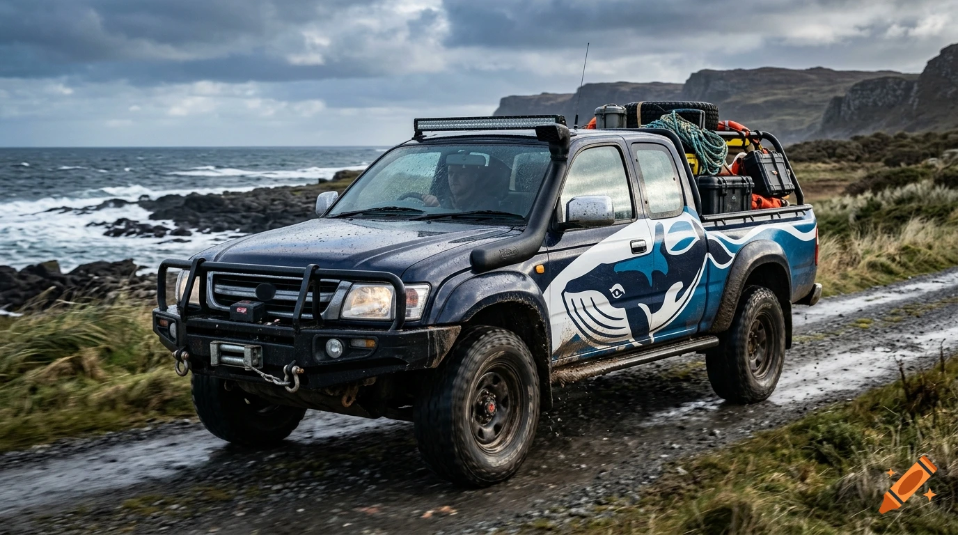 Photorealistic cinematic view of a dark blue pickup truck with marine wildlife livery driving on a coastal dirt road.