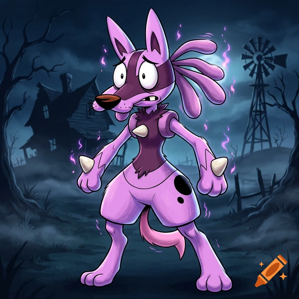 Illustration of a fusion between Courage the Cowardly Dog and Lucario with pink fur, standing in a spooky farm setting.