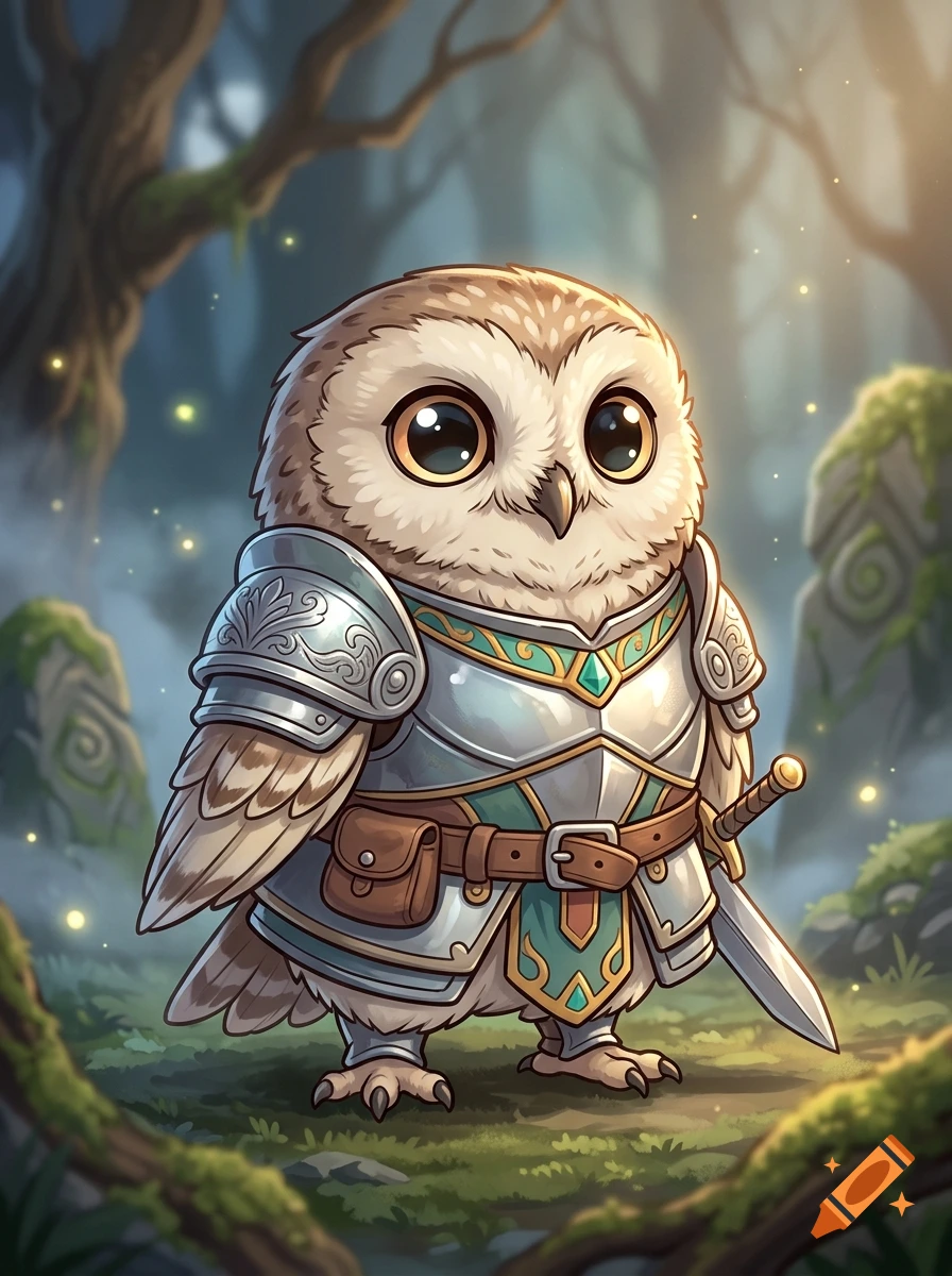 Digital illustration of a cute little owl in detailed silver armor standing in a magical forest.