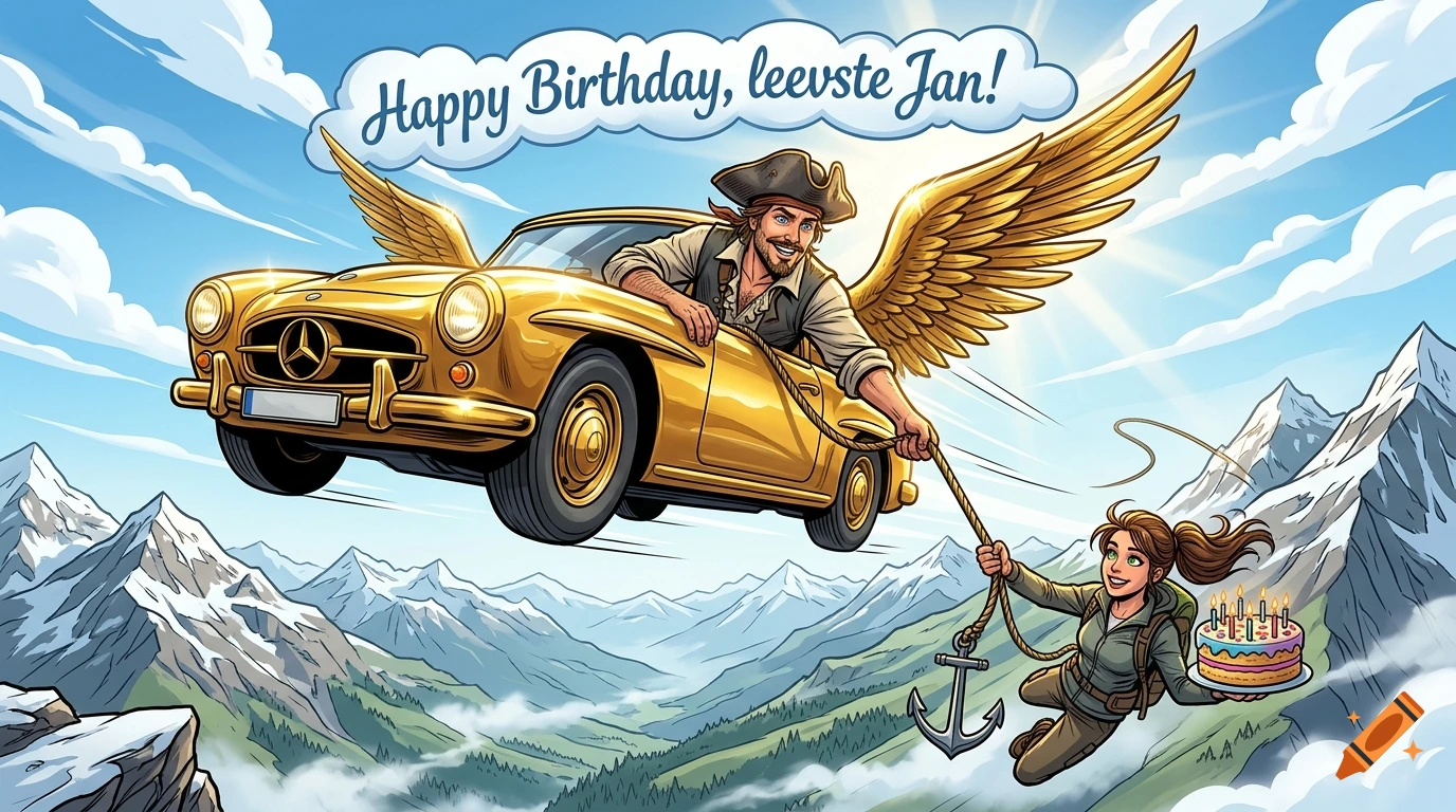 Comic style illustration of a pirate flying a golden winged car over snowy mountains, pulling a female hiker holding a birthday cake.