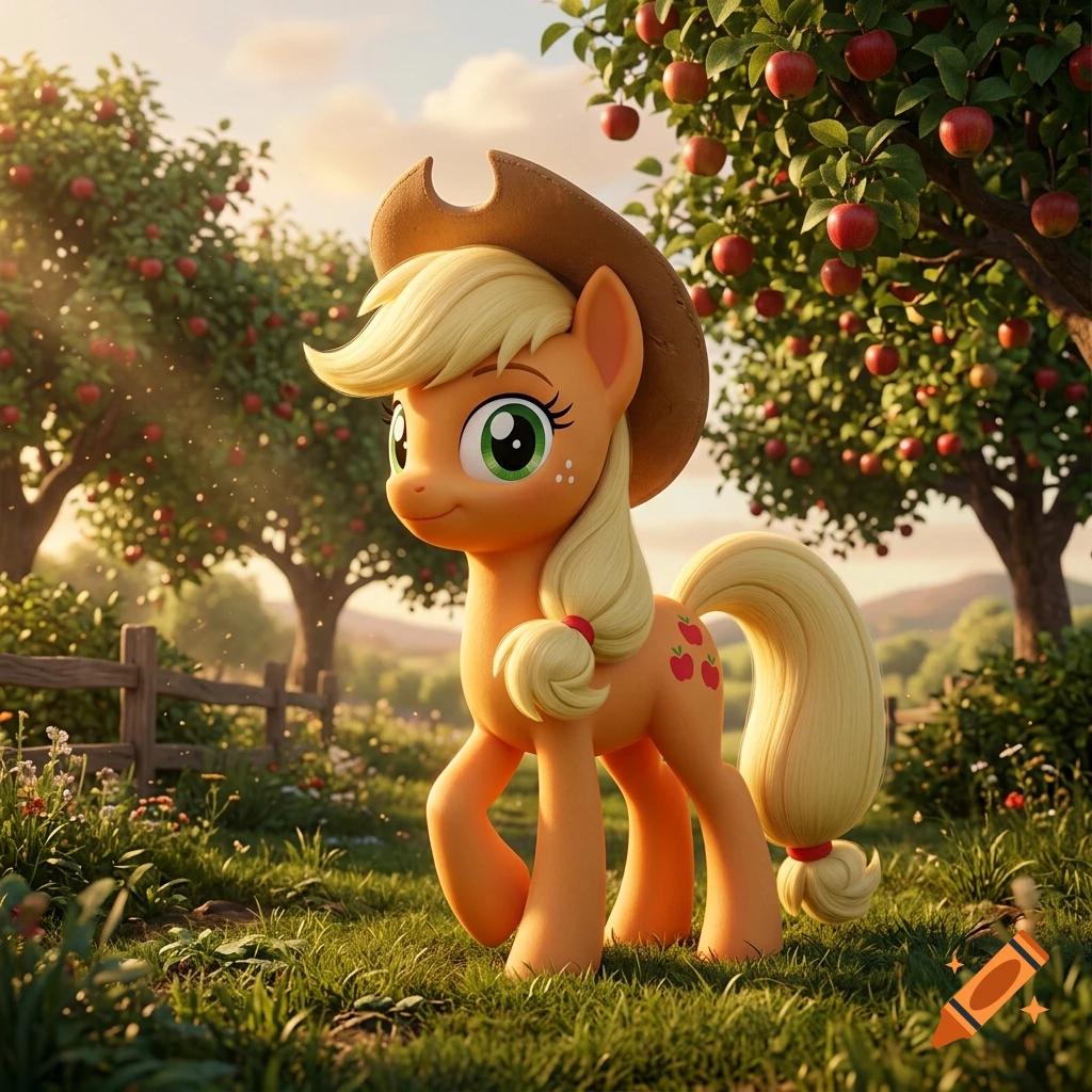 3D render of Applejack from My Little Pony in a sunny apple orchard, wearing a cowboy hat.