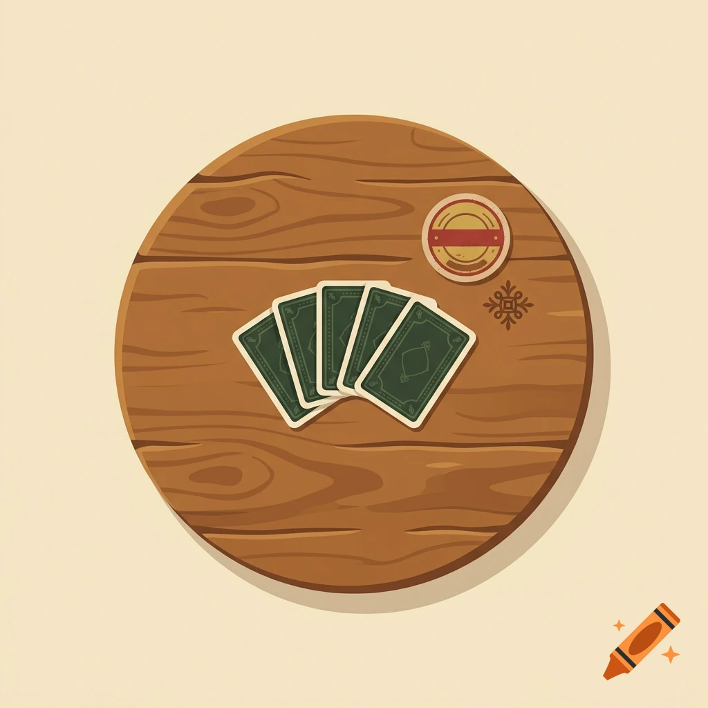 Top-down illustration of a rustic wooden card table with a fan of five green playing cards and a beer coaster, folk art style.