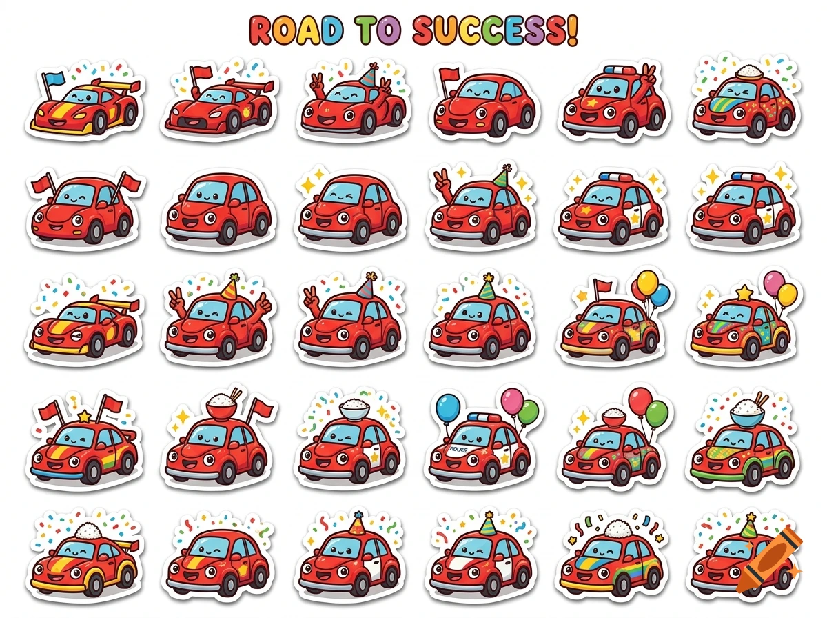Grid of cute red cartoon car stickers with various party accessories and expressions, featuring the text ROAD TO SUCCESS! above.