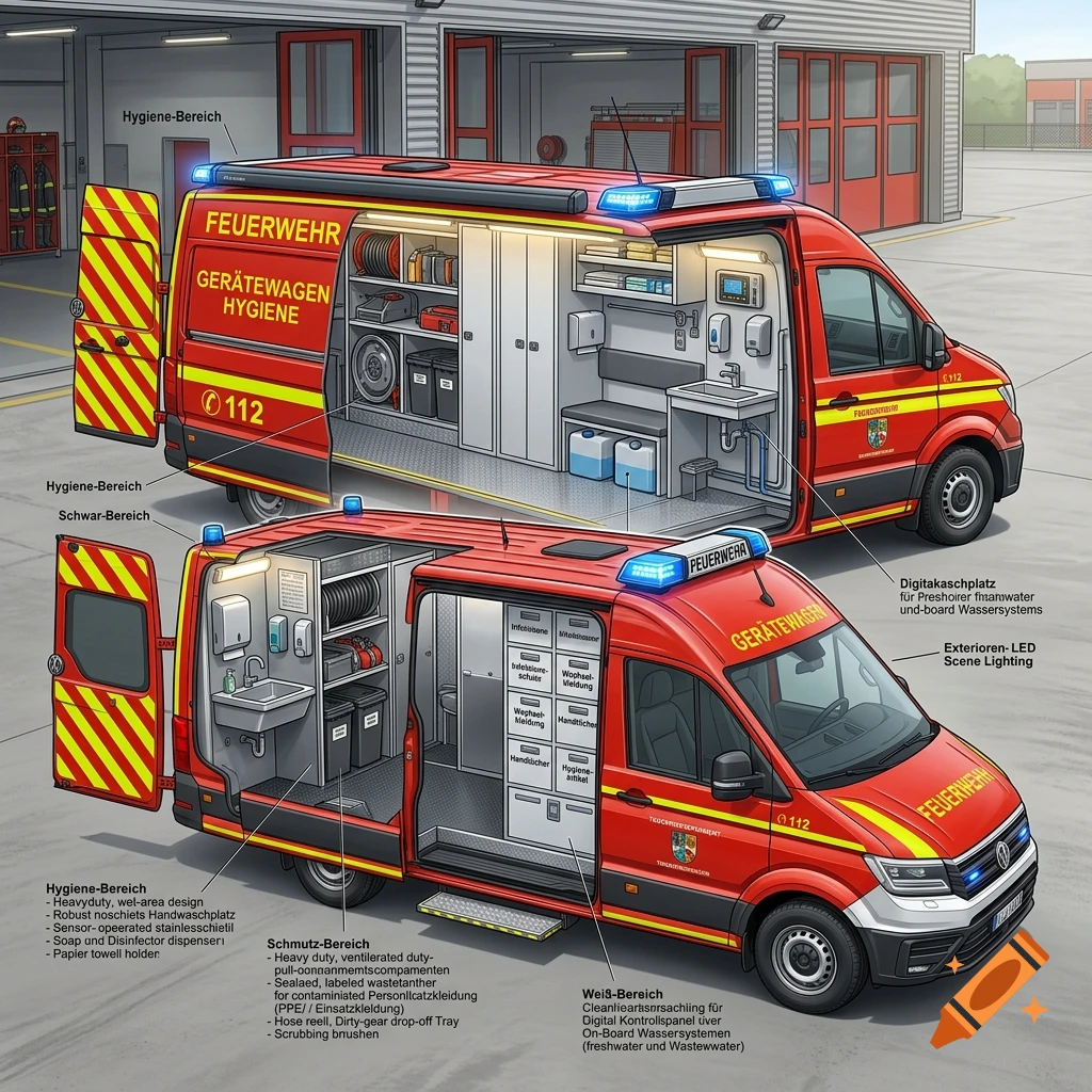 Technical illustration of two red fire department hygiene vans with cutaway views showing interior equipment, sinks, and labels.