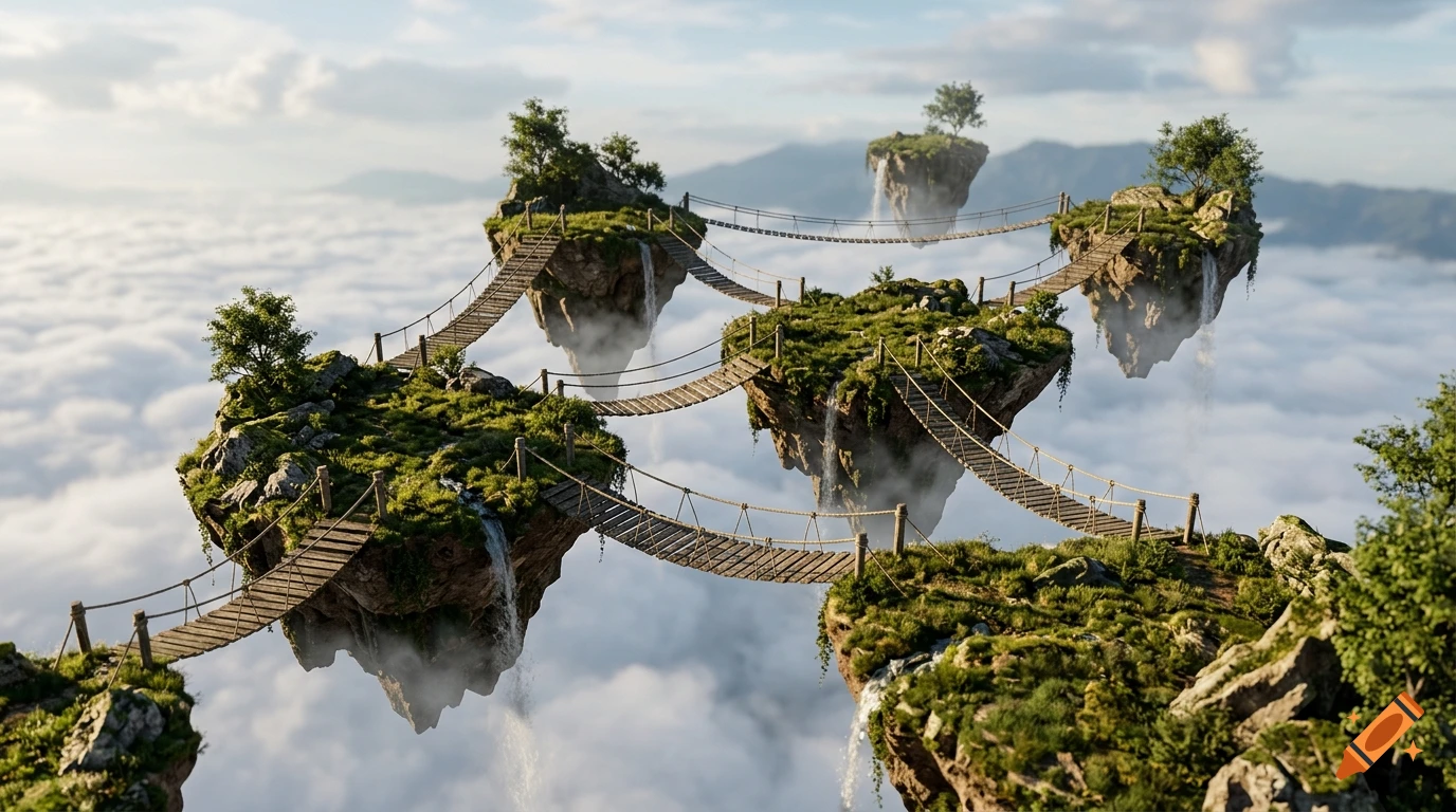 Photorealistic image of lush floating islands connected by wooden rope bridges above a sea of clouds.