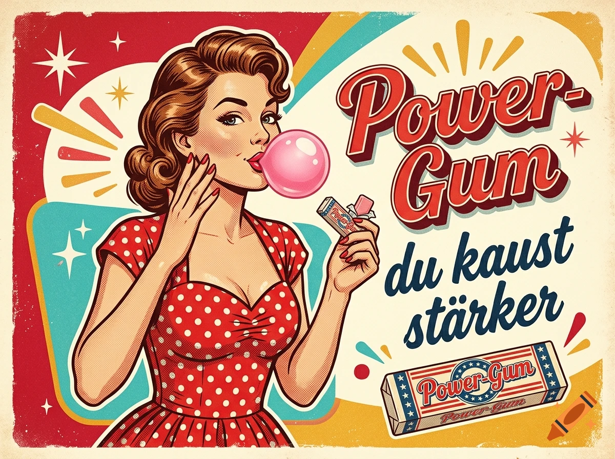 Vintage 1950s style advertisement featuring a woman in a red polka dot dress blowing a pink bubble gum, with the text Power-Gum.