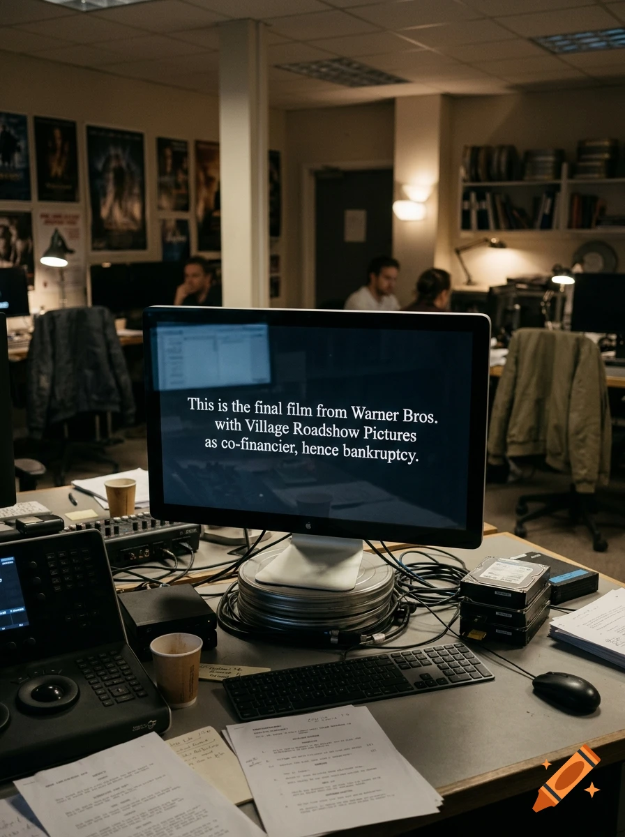 Photorealistic shot of a computer monitor displaying text in an office setting with editing equipment and film reels.